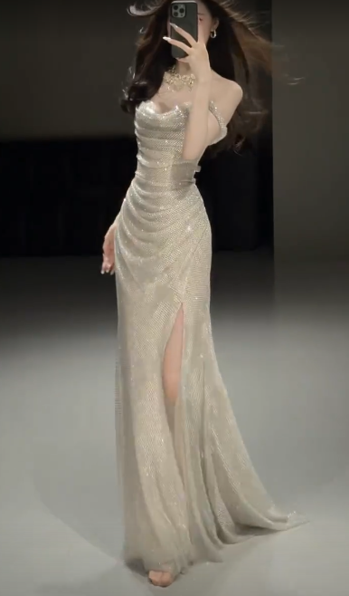 Elegant Glittering Sequined Off-Shoulder Sheath High Slit Shimmering Fabric Evening Gown TP5336