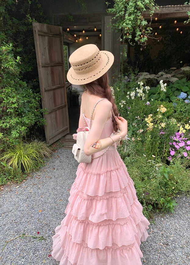 Pink long waist A-line suspender dress for women summer French temperament skirt R4862