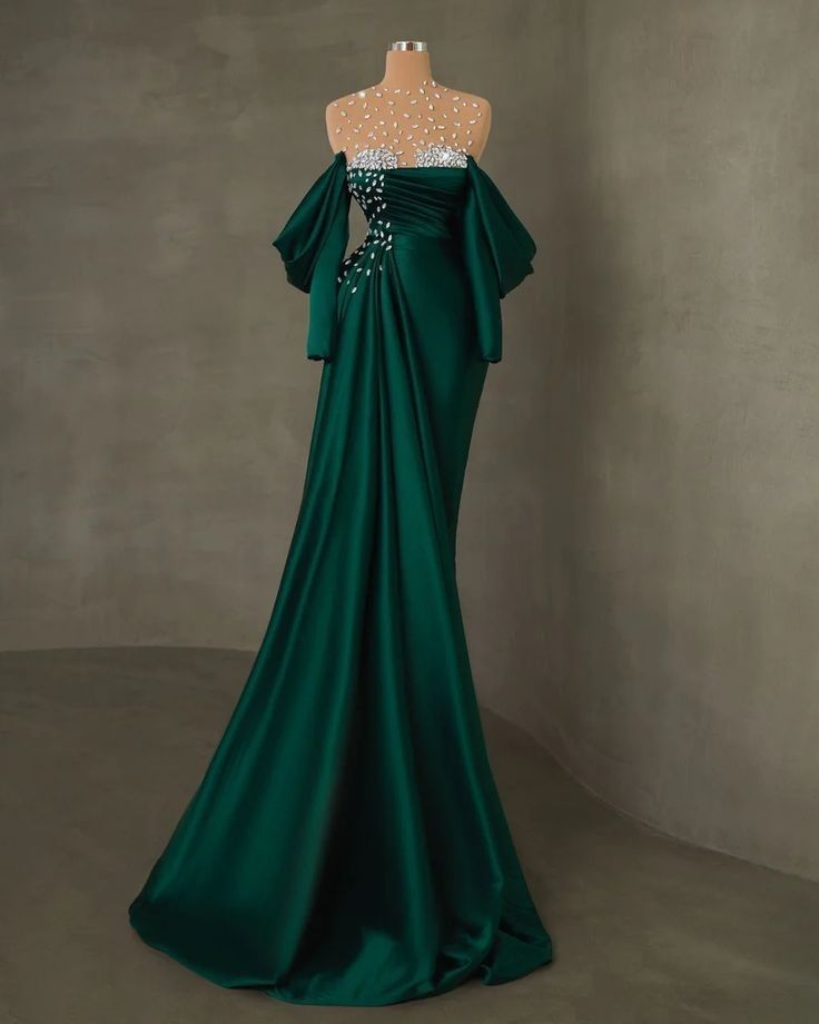 Girlhomeshops-Green Beaded Elegant Long Satin Ball Gown Evening Gown Party Dress gh5032