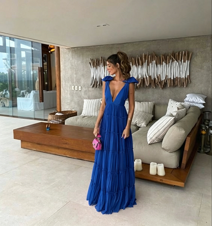 Vintage Hot Pink V-neck Prom Dress Long Pleated Evening Dress A-Line Backless Formal Dress TP4591