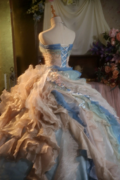 Gorgeous Pastel Ombre Strapless Ruffled Tulle Beaded Sweet 15 Quinceanera Ball Gown TP5518