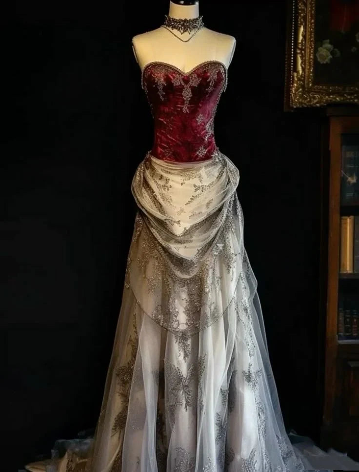 Vintage Applique Sweetheart Design Elegant A-Line Satin Tulle Evening Dress Prom Dress TP4123