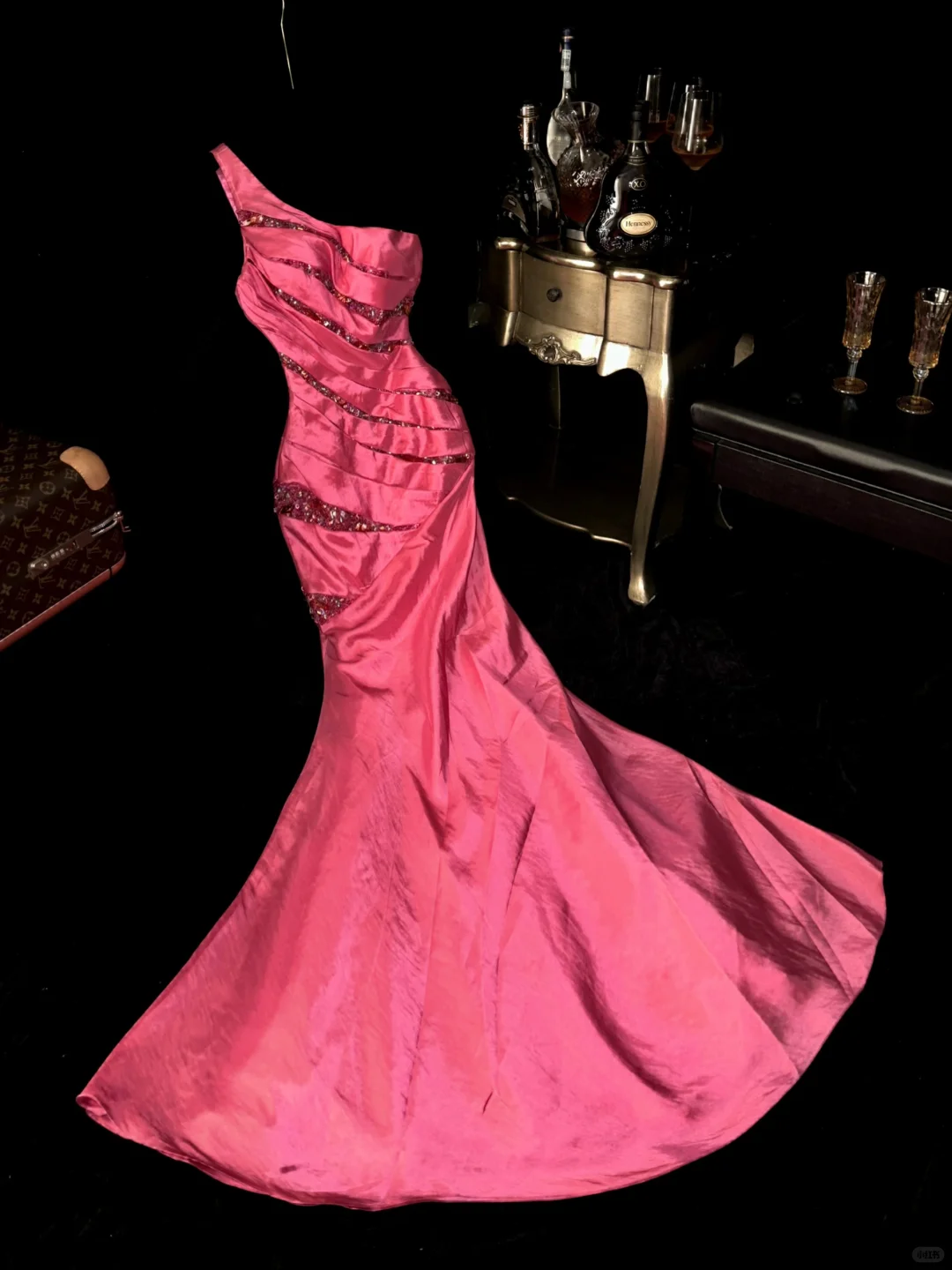 Glamorous Hot Pink One-Shoulder Mermaid Beaded Satin Evening Gown TP5345