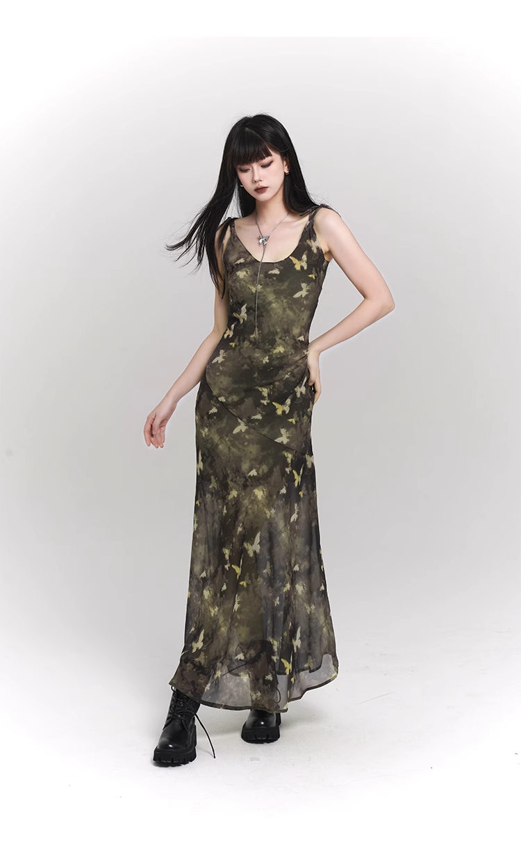 Vintage Butterfly Green Mesh Spaghetti Strap Dress TP2911