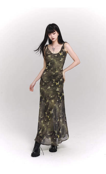 Vintage Butterfly Green Mesh Spaghetti Strap Dress TP2911