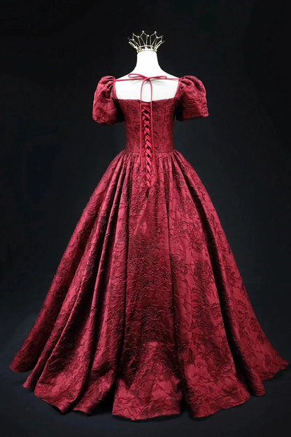 Vintage Square Neck Wine Red Prom Gown Short Sleeves Evening Dress Party Dress