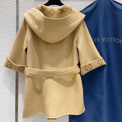 Louis Vuitton Signature Hooded Wrap Robe Coat Beige 1AB713