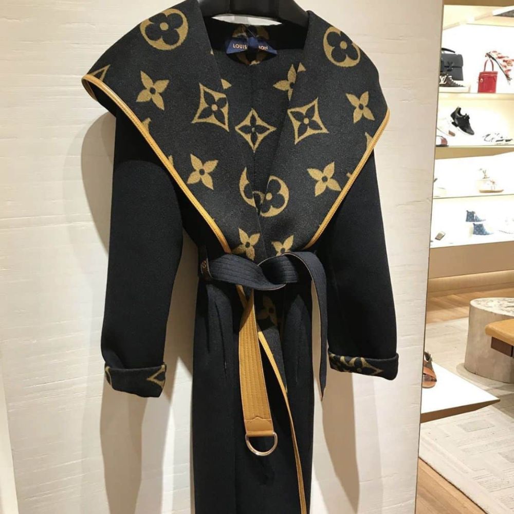 Louis Vuitton Hooded Wrap Coat Monogram Wool In Black