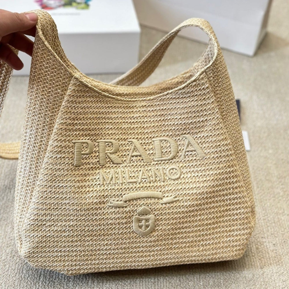 Prada Logo Embossed Raffia Shoulder Bag Beige 33Cm 1BC186VOUO2A2T