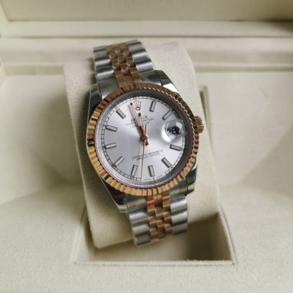 Rolex Oyster Perpetual Datejust White Dial With Silver And Everose Gold Strap 36Mm