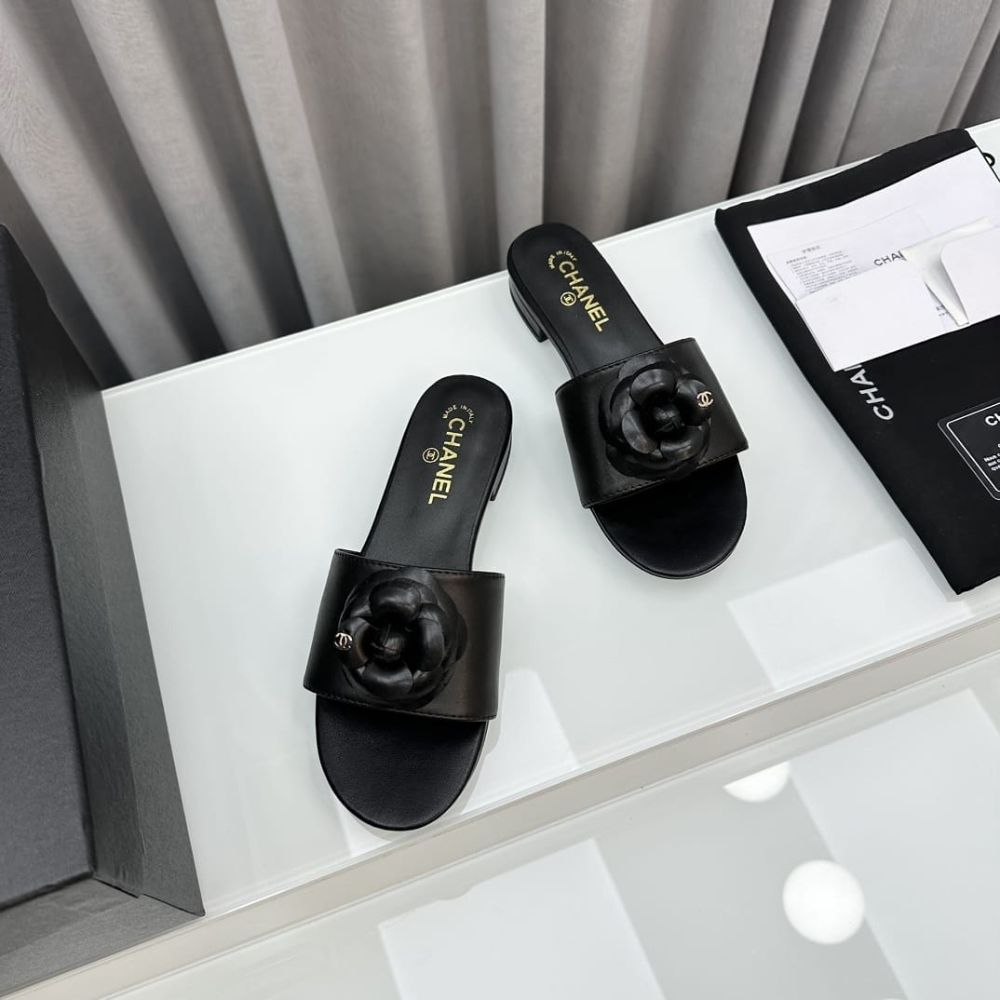 Chanel Black Camellia Slide Flat Sandals