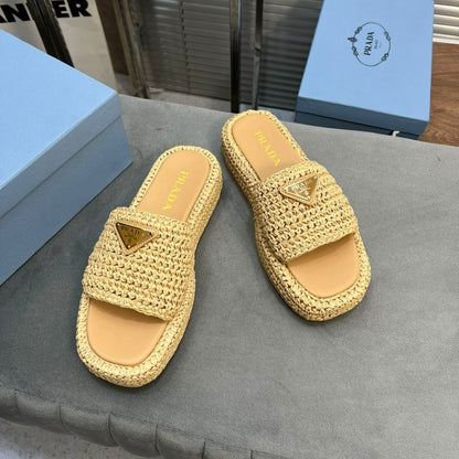Prada Crochet Flatform Slides Brown