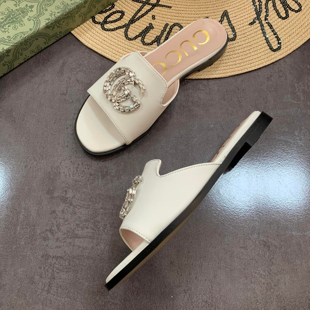 Gucci Double G Slippers Leather Beaded In White