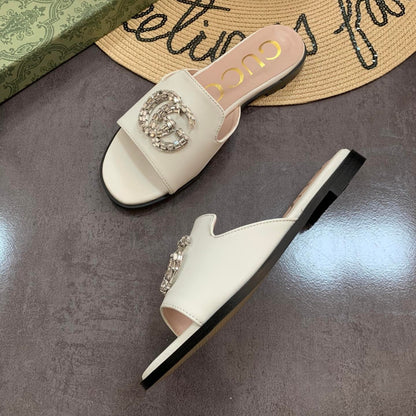 Gucci Double G Slippers Leather Beaded In White