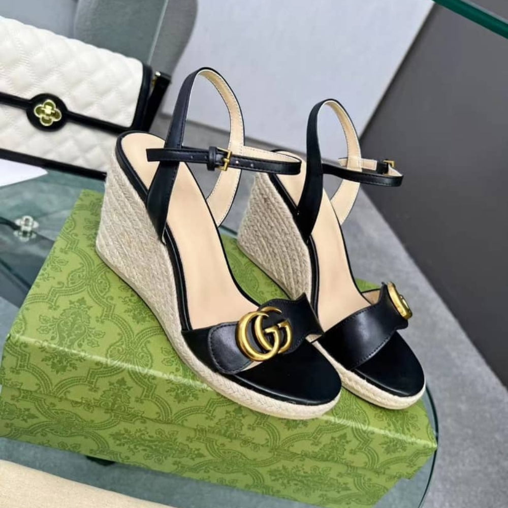 Gucci Leather Wedge Espadrille Sandals Black 8Cm