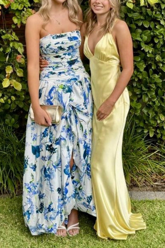 girlhomeshops-Blue And White Floral Long Satin Chiffon Ball Gown Graduation Dress gh5927