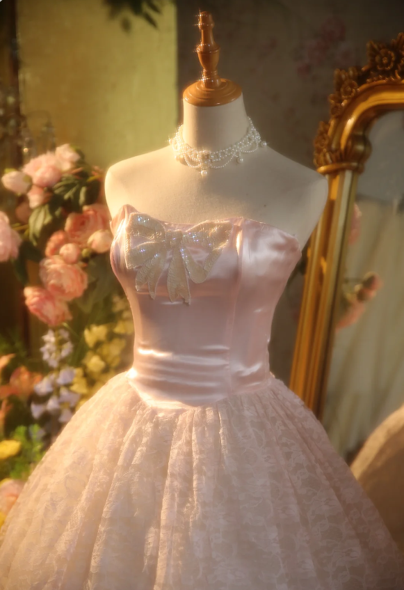 Princess Light Pink Strapless Lace Ball Gown Evening Dress Sweet 16 Dress cc5385