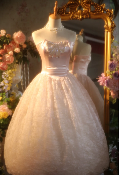 Princess Light Pink Strapless Lace Ball Gown Evening Dress Sweet 16 Dress cc5385