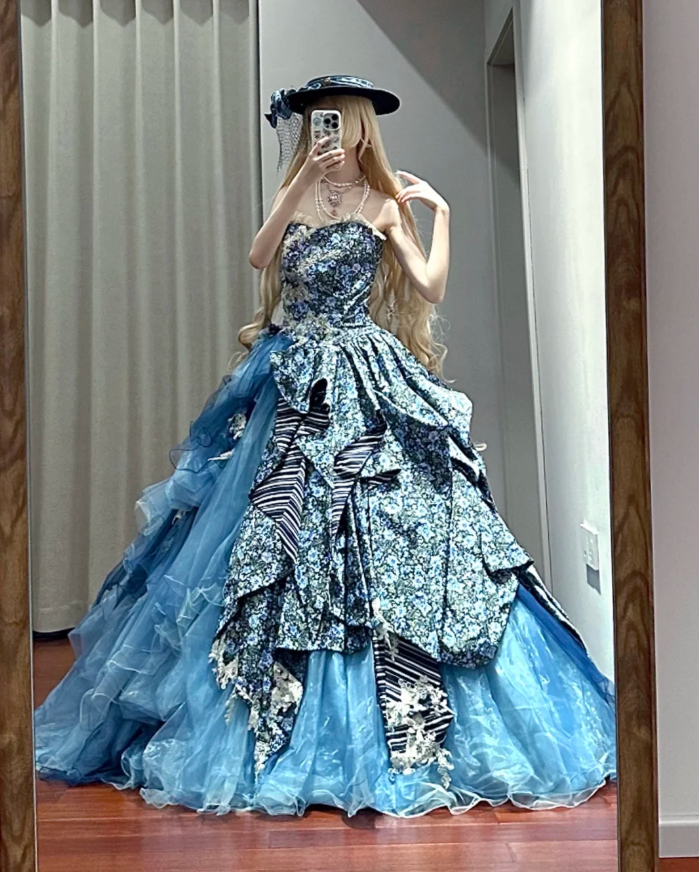 Elegant Strapless Ball Gown Blue Satin Print Floral Organza Quinceanera Dress Sweet 16 Dress SP1188