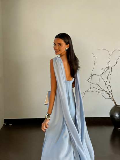 Charming Sleeveless Satin Mermaid Long Party Dress Blue Long Wedding Guest Dress SP1560