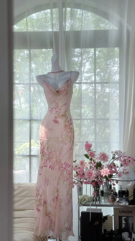 Pink floral print halter-neck fitted bodycon long ball gown R6555