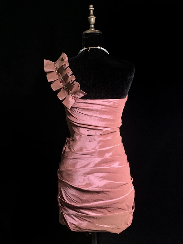 Champagne pink one-shoulder fitted waist bodycon short prom dress R8702