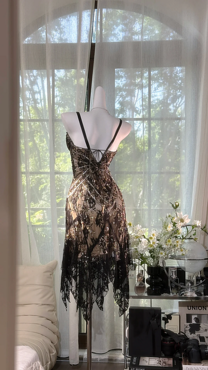 Champagne-colored halter-neck fitted black lace skirt sexy ball gown R7630