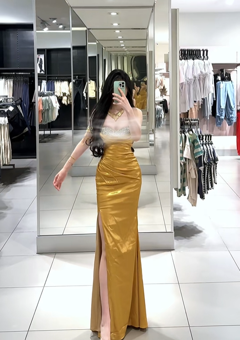 Gold strapless, fitted, bodycon, sexy long ball gown R7901