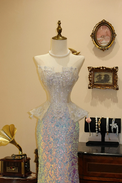 Light apricot strapless waist-cinching sequin-hem elegant prom dress R7941