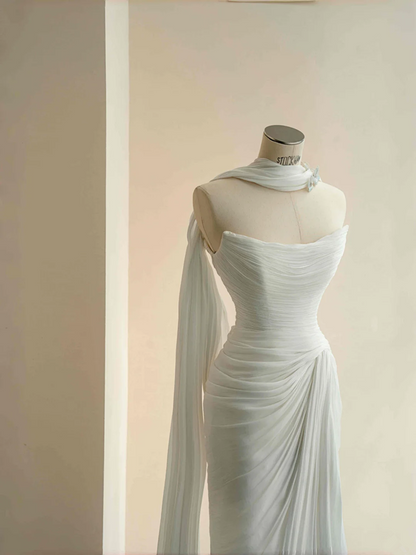 White tube top pleated waist slim hip elegant long skirt, prom dress R5680