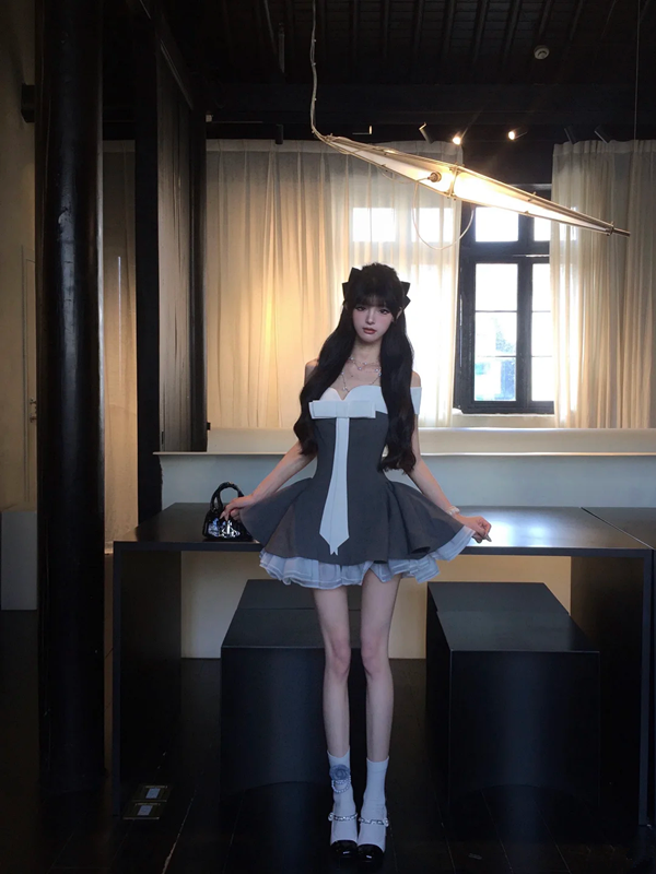 Gray tube top waist slim fit A-line high-end puffy skirt homecoming dress R5064