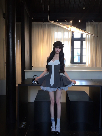 Gray tube top waist slim fit A-line high-end puffy skirt homecoming dress R5064
