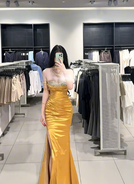 Gold strapless, fitted, bodycon, sexy long ball gown R7901