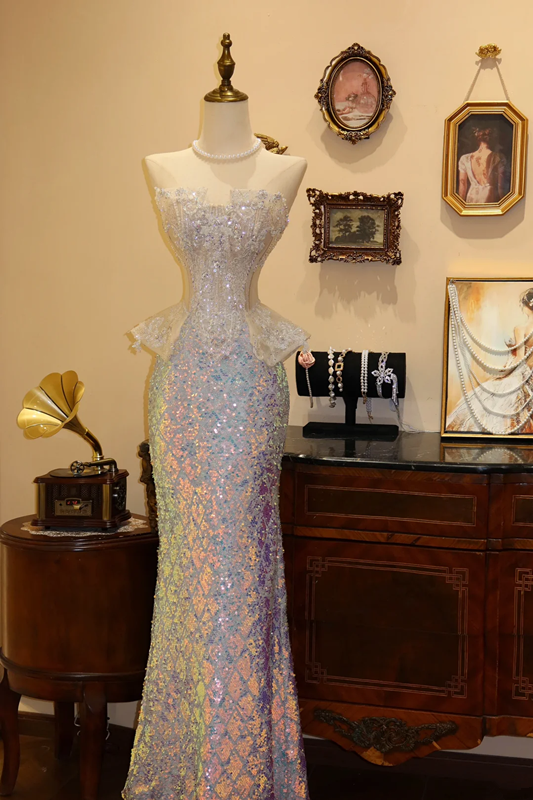 Light apricot strapless waist-cinching sequin-hem elegant prom dress R7941