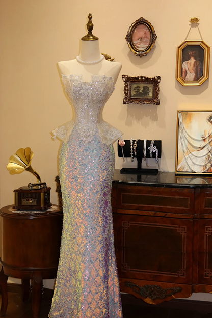 Light apricot strapless waist-cinching sequin-hem elegant prom dress R7941