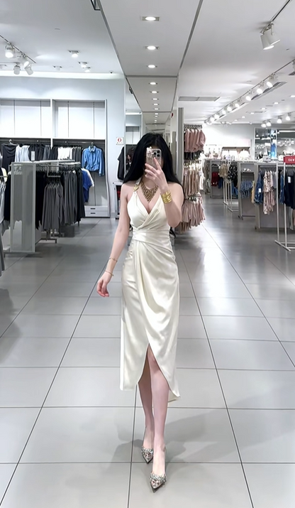 White halter-neck, fitted, low-cut, sexy midi-length ball gown R7781