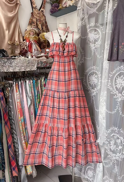 Pink plaid halter-neck high-waisted slimming long ball gown R7514