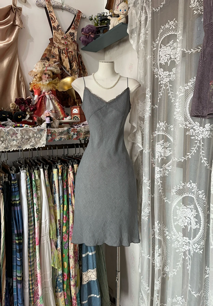 Grey halter-neck fitted waist sexy short dress, prom dress R6395