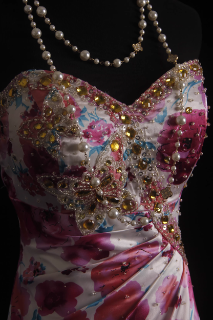 Vintage Pink Floral Beaded Sweetheart Strapless Mermaid Prom Dress TP5679