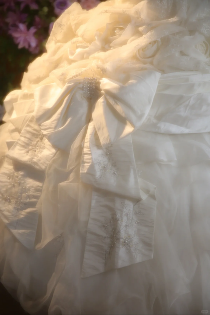 Vintage Strapless Tiered Ruffled Oversized Bow Sequin Wedding Dress TP5514