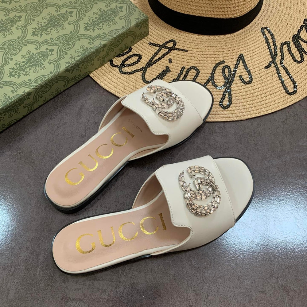 Gucci Double G Slippers Leather Beaded In White