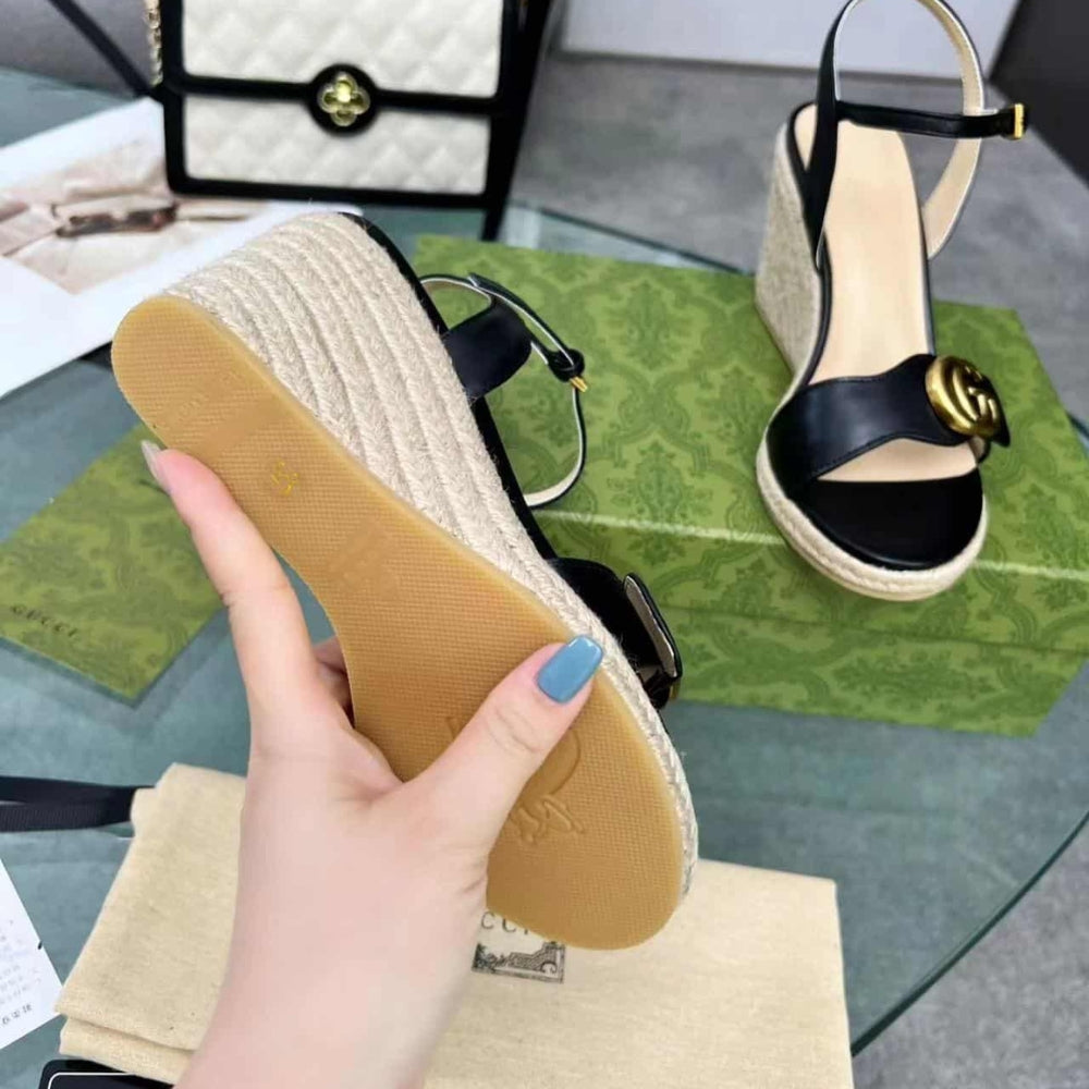 Gucci Leather Wedge Espadrille Sandals Black 8Cm