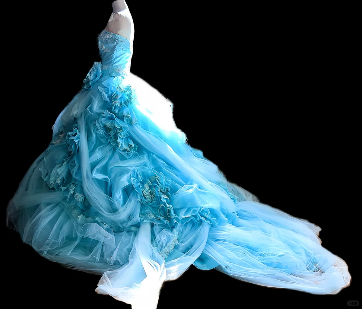 Glamorous Sky Blue Strapless Ruffled Tulle 3D Floral Sheer Drape Sweet 15 Quinceanera Ball Gown TP5495