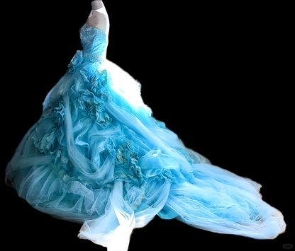 Glamorous Sky Blue Strapless Ruffled Tulle 3D Floral Sheer Drape Sweet 15 Quinceanera Ball Gown TP5495