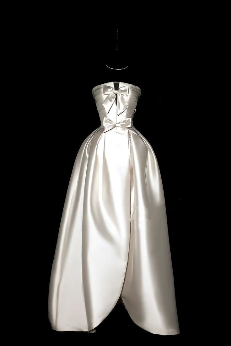 Girlhomeshops-Ivory white bow satin long wedding dress prom dress gh5389