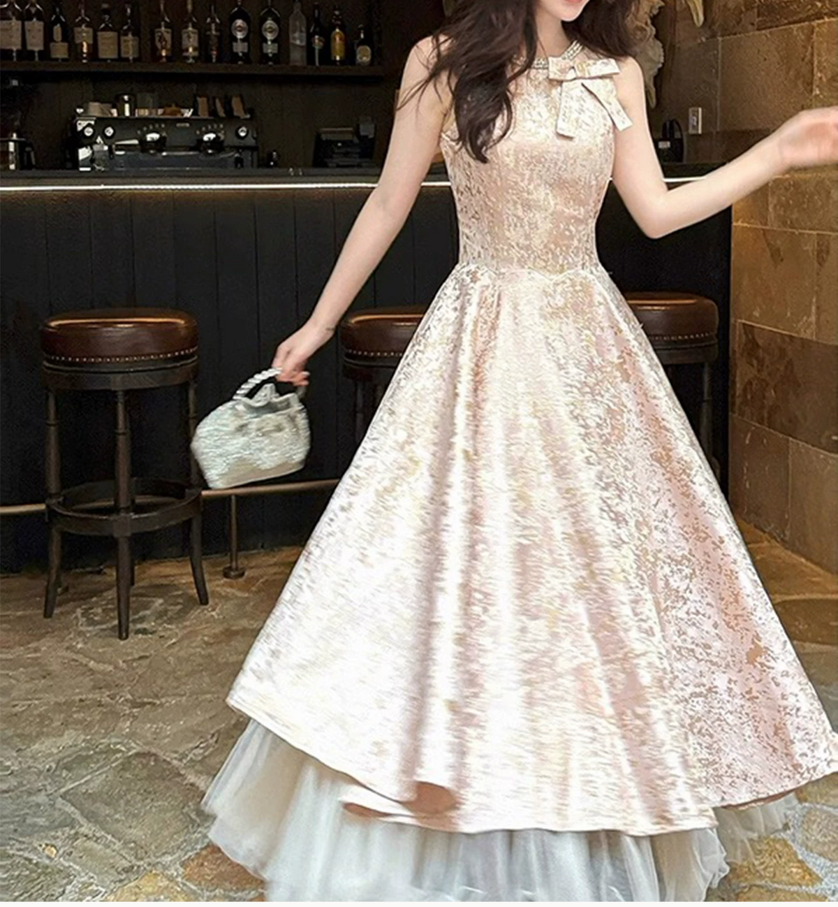 Vintage Pink Jacquard Sleeveless Beaded Scoop Neck A-Line Tea Length Tulle Hem Prom Dress TP5875