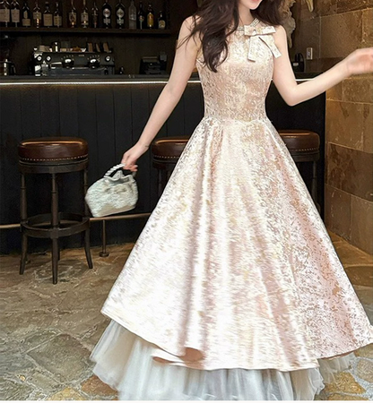 Vintage Pink Jacquard Sleeveless Beaded Scoop Neck A-Line Tea Length Tulle Hem Prom Dress TP5875
