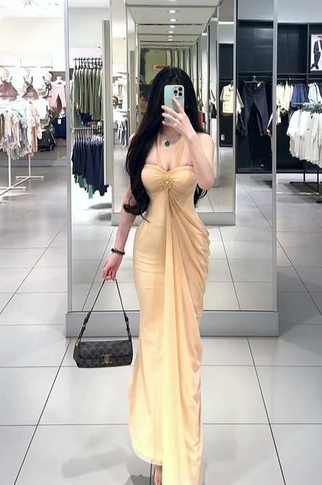 Apricot halter neck sexy fitted waist long ball gown R7902