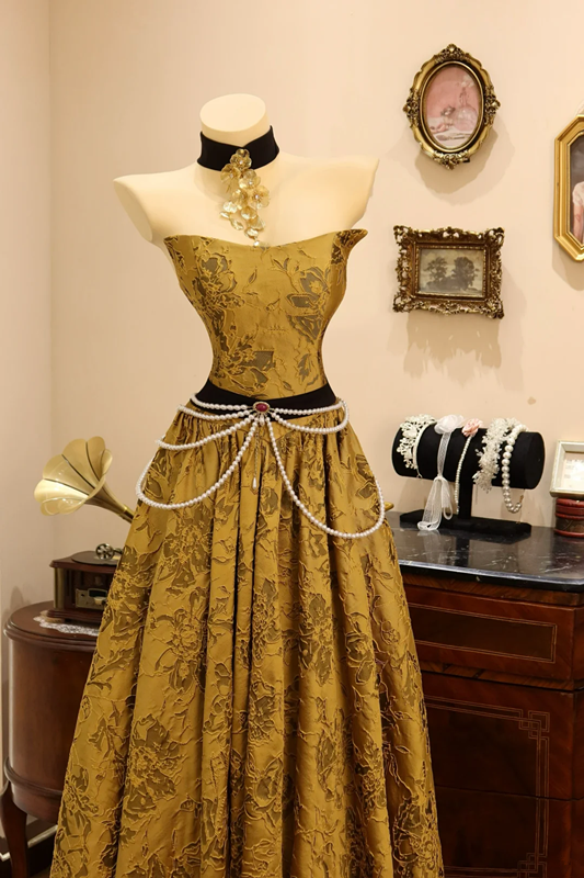 Golden strapless waist-cinching sexy long elegant prom dress R7942