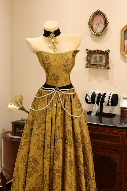 Golden strapless waist-cinching sexy long elegant prom dress R7942